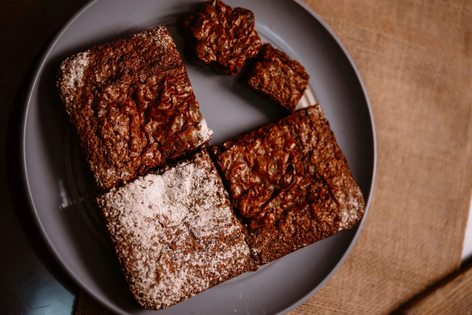 Chocolate brownies cut into squares, seen from above